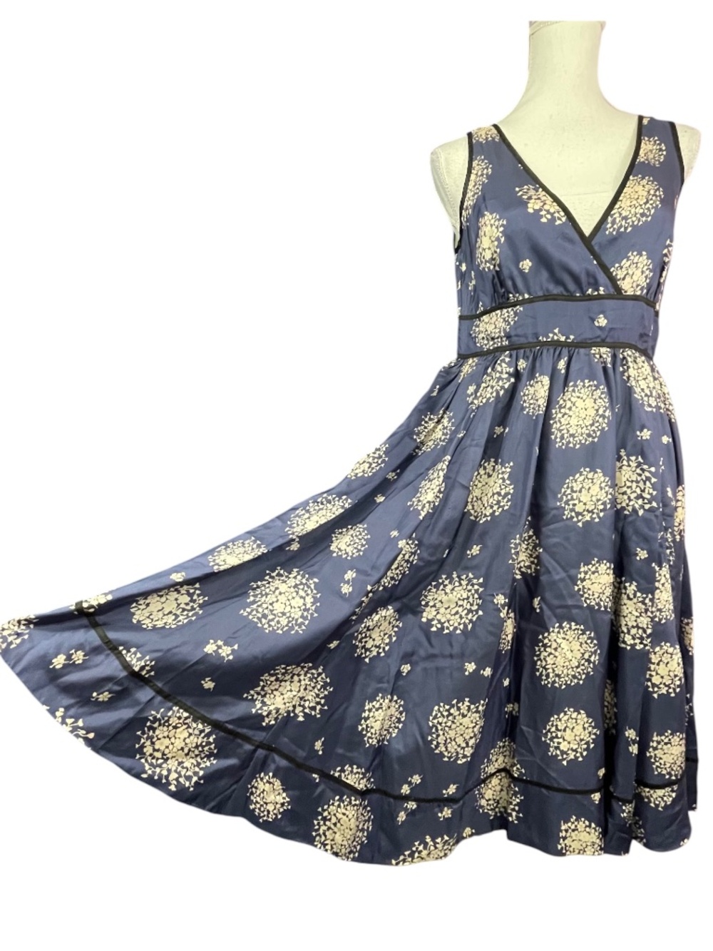 Odille 100% Silk Dress NEW 10 Floral Starburst Dandelion Navy Blue Satin A-Line